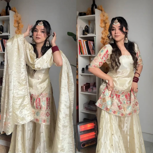 Khushi Silk Heavy Work Off White Sharara Set