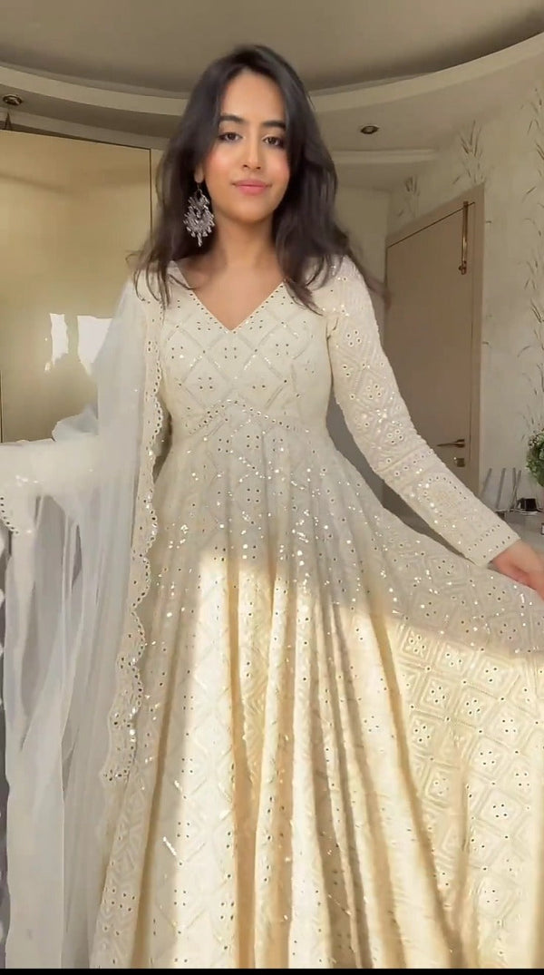 Keshvi White Embroidered Georgette Anarkali Suit Set