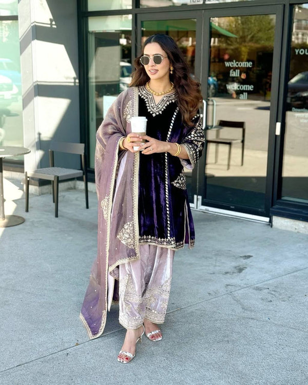 Joy Purple Embroidered Velvet Suit Set