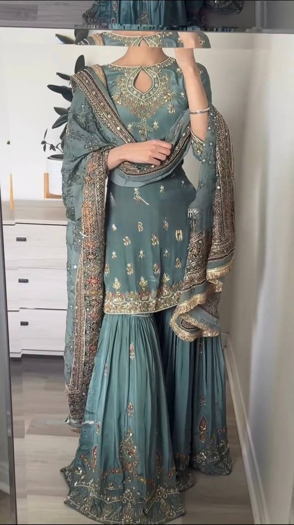 Izhar Teal Green Festive Wear Embroidered Sharara Set