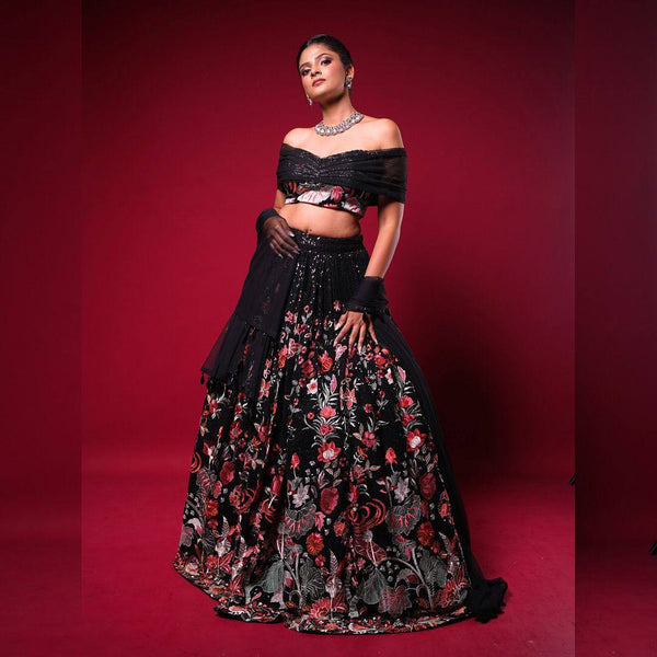 Black Embroidered Off-Shoulder Lehenga Set