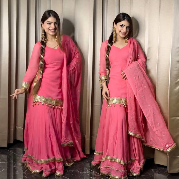 Roshani Pink Georgette Sharara Set with Gold Embellishments